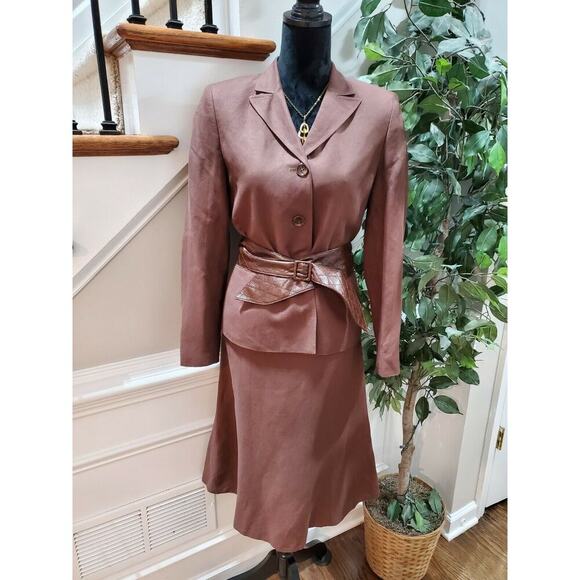 Evan Picone Women's Brown Linen& Rayon Long Sleeve Jacket & Skirt 2 Piece Suit 6 - Picture 1 of 12